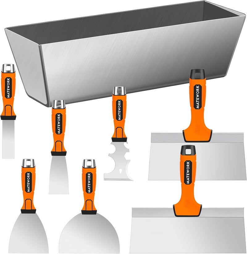 Matework Drywall Tools, 8Pcs High Quality Stainless Steel Drywall Knife Set, Putty Knives with Mud Pan, Ergonomic Grip Tapping Knife with Hammer End for Wall Work - Image 1
